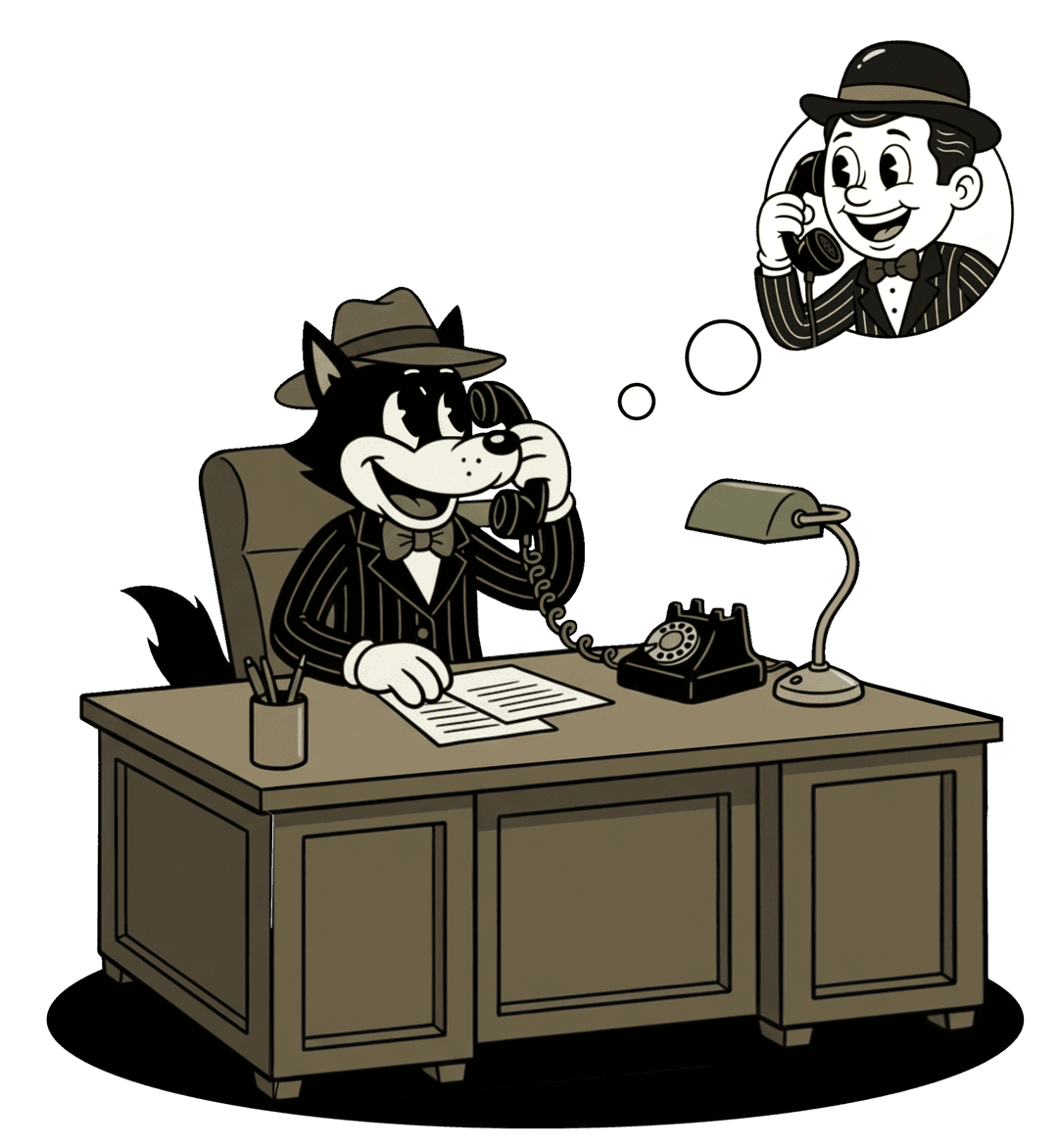 Rubberhose character at desk, starting a conversation